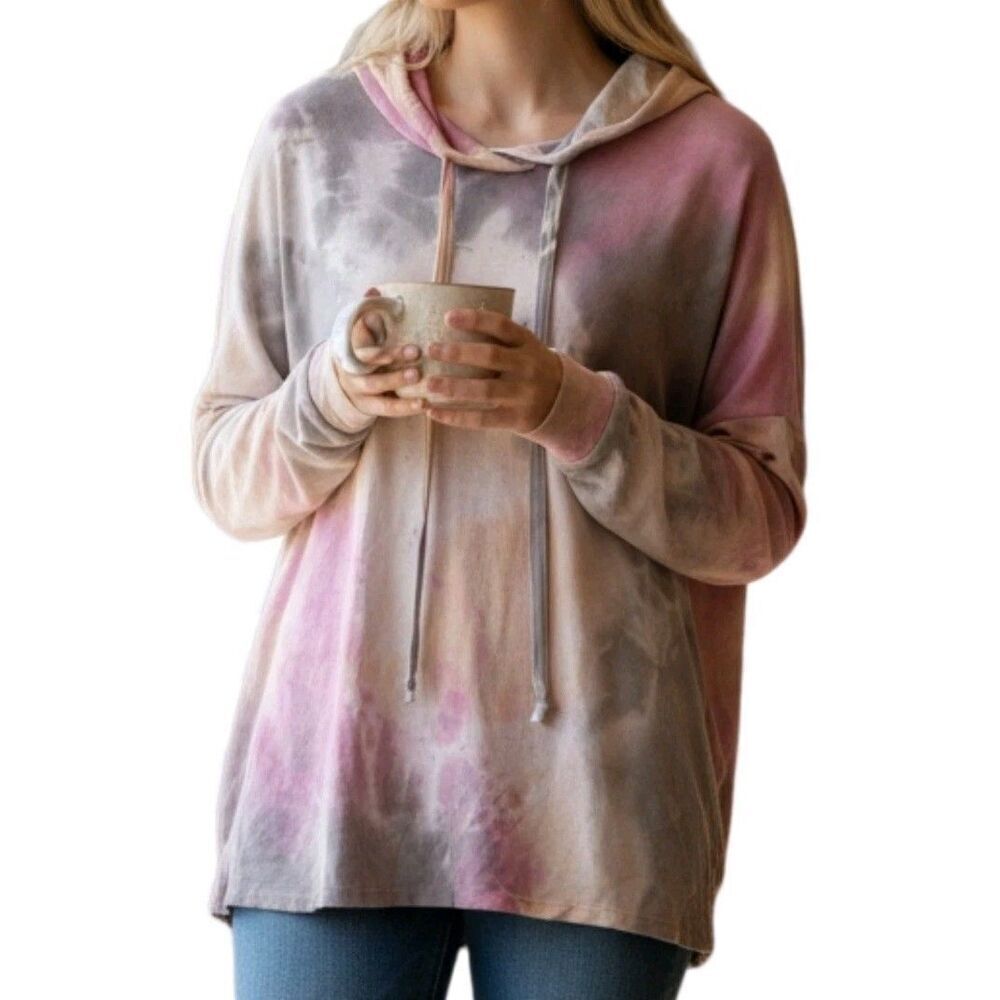 PS Kate 88 White Tie Dye Lightweight Hoodie Womens Size M Long Sleeve Gray Pink